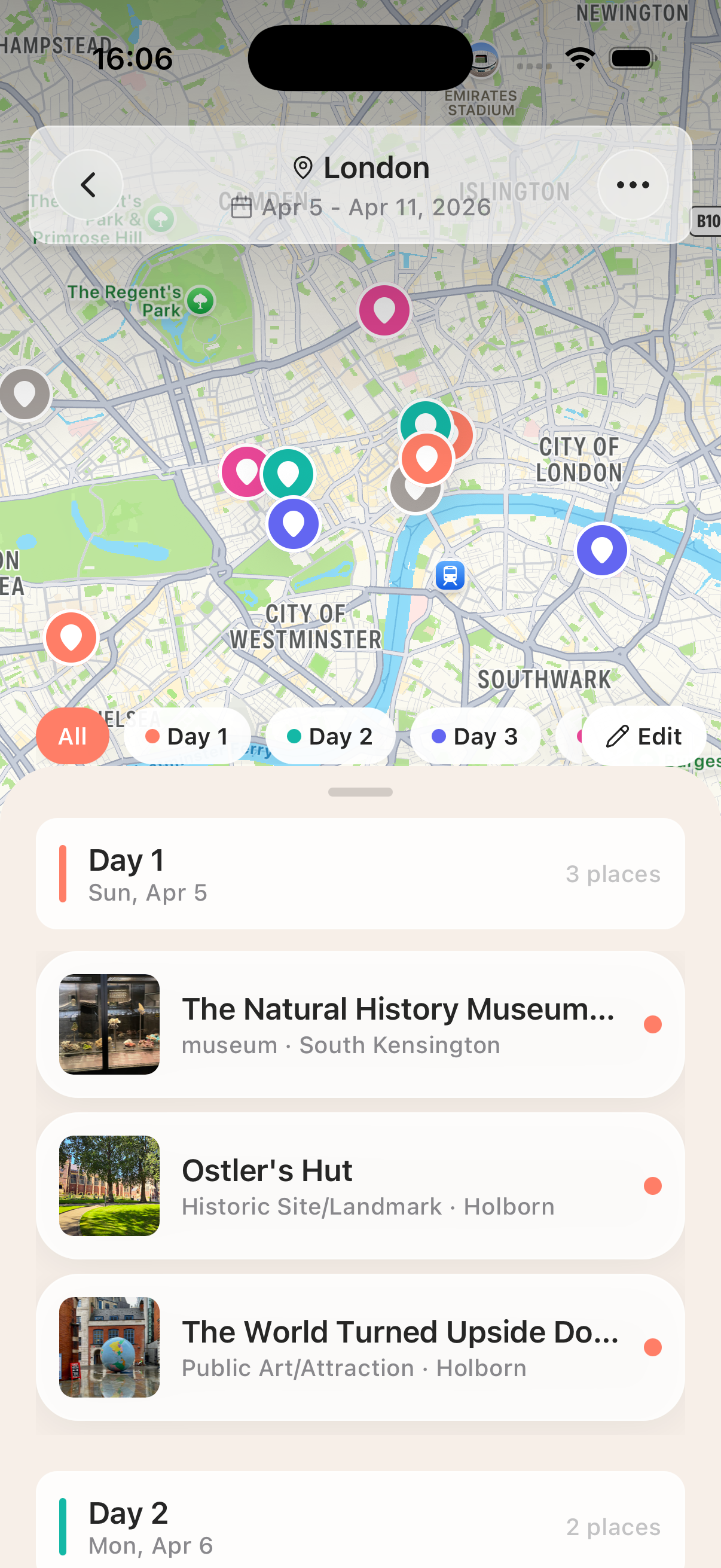 Itinerary with map split view